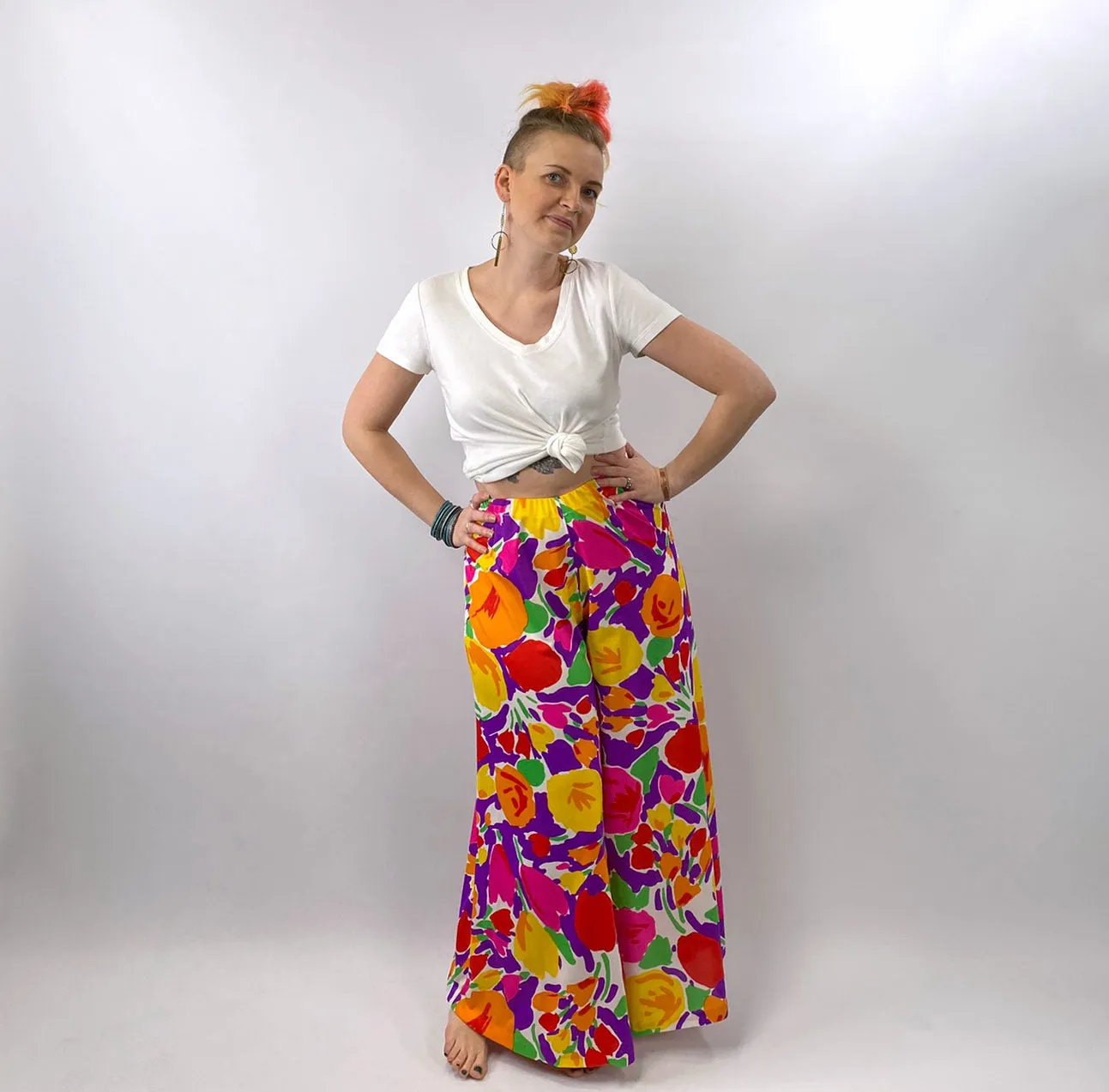 70s Palazzo Pants Women's Jersey Print Bold Floral 60s Vintage Miss Elaine VFG