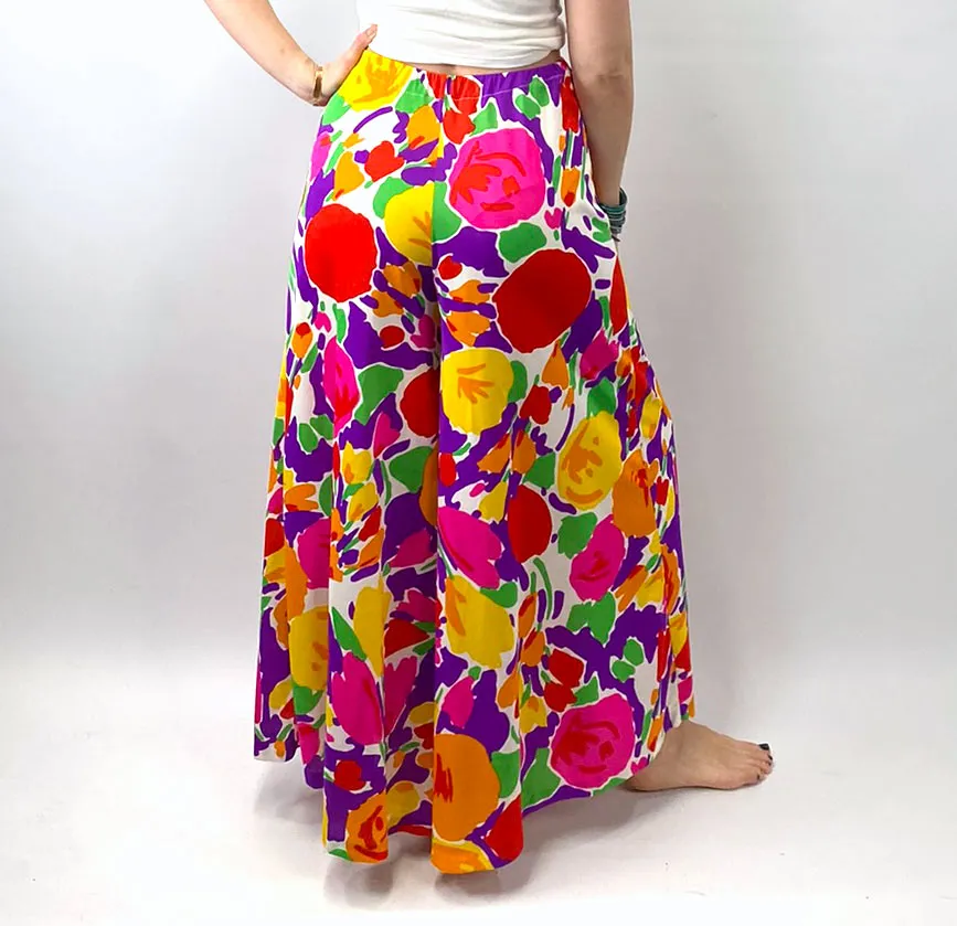 70s Palazzo Pants Women's Jersey Print Bold Floral 60s Vintage Miss Elaine VFG