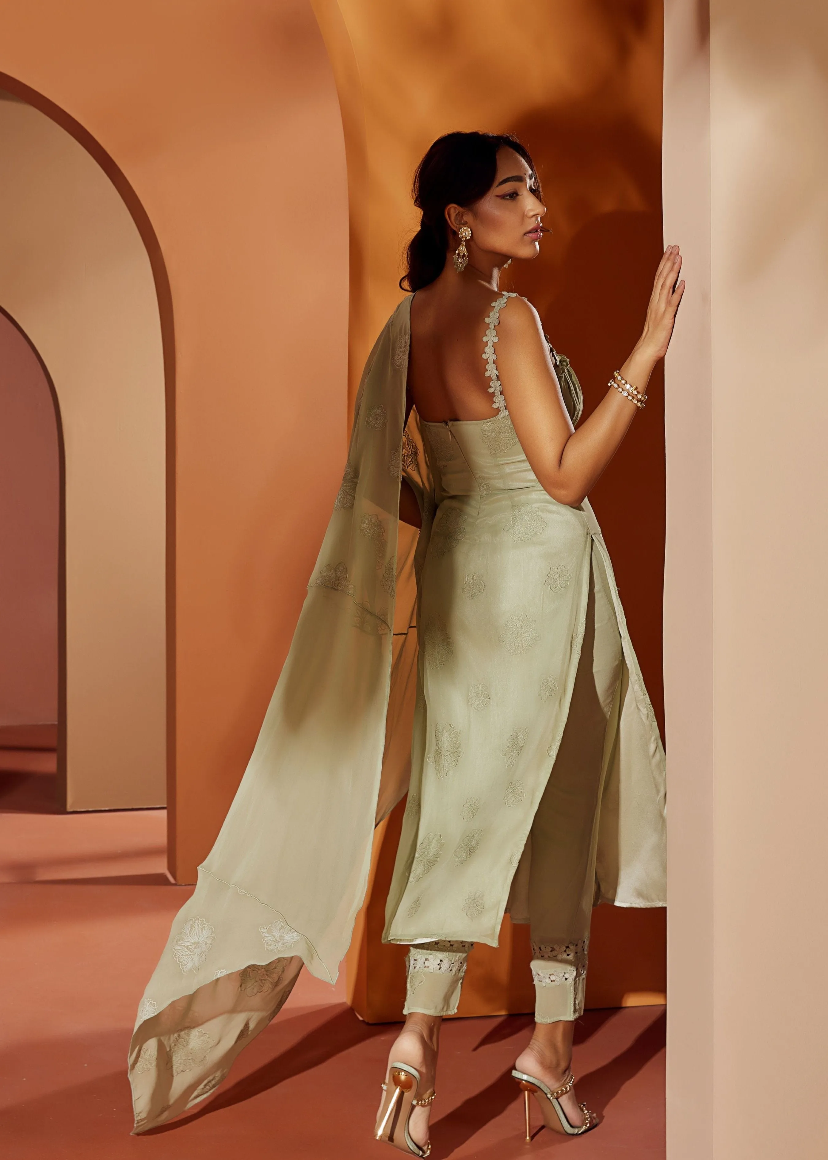 Aarya Sage Green Embroidered Georgette Kurta Set