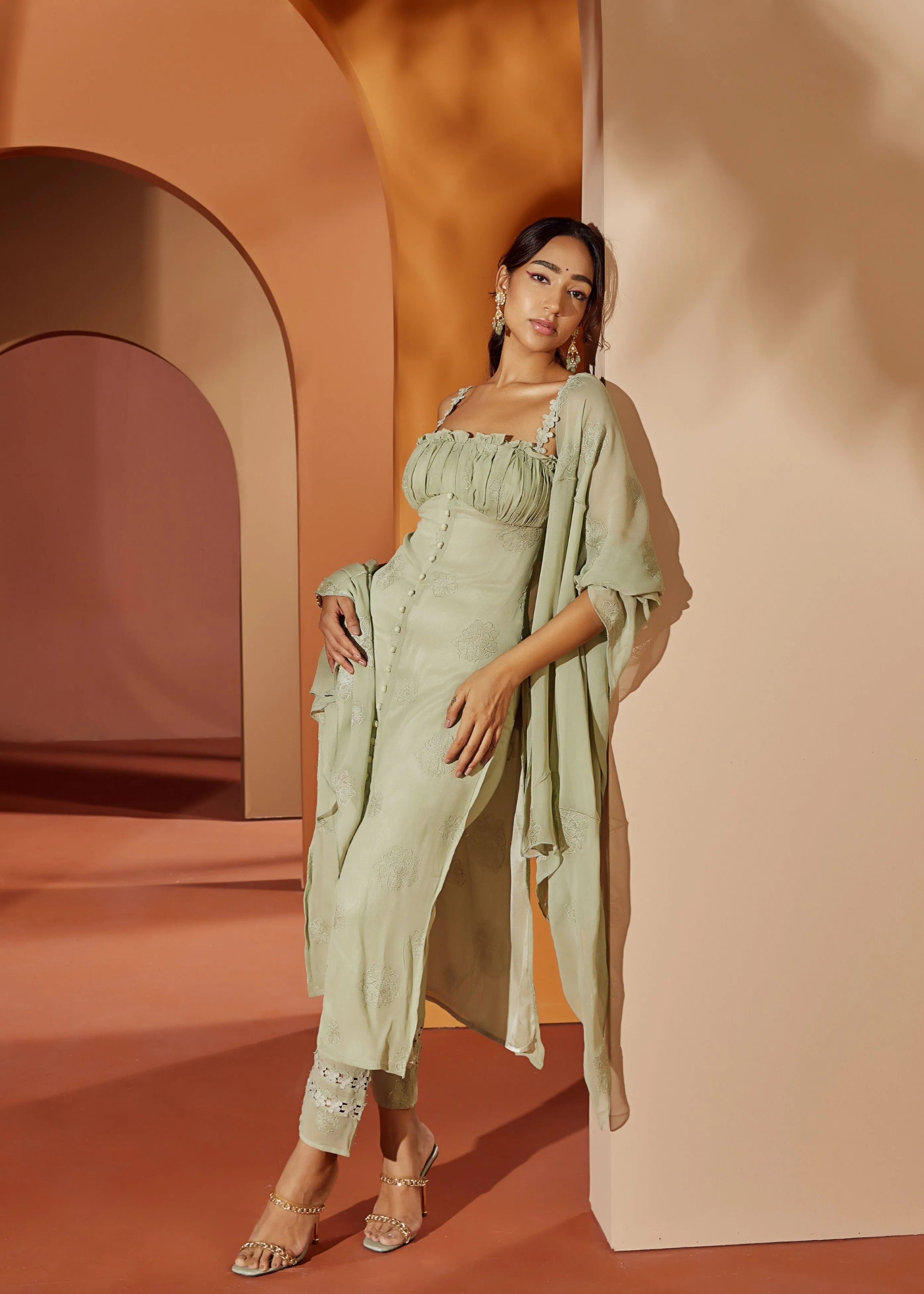 Aarya Sage Green Embroidered Georgette Kurta Set