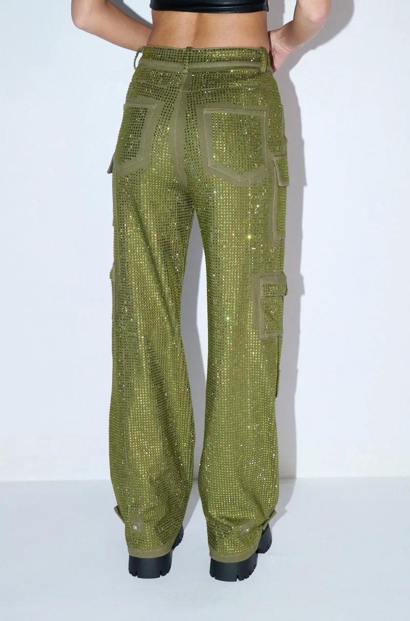 AMMO BONNE SOIREE RHINESTONE CARGO PANTS IN OLIVE