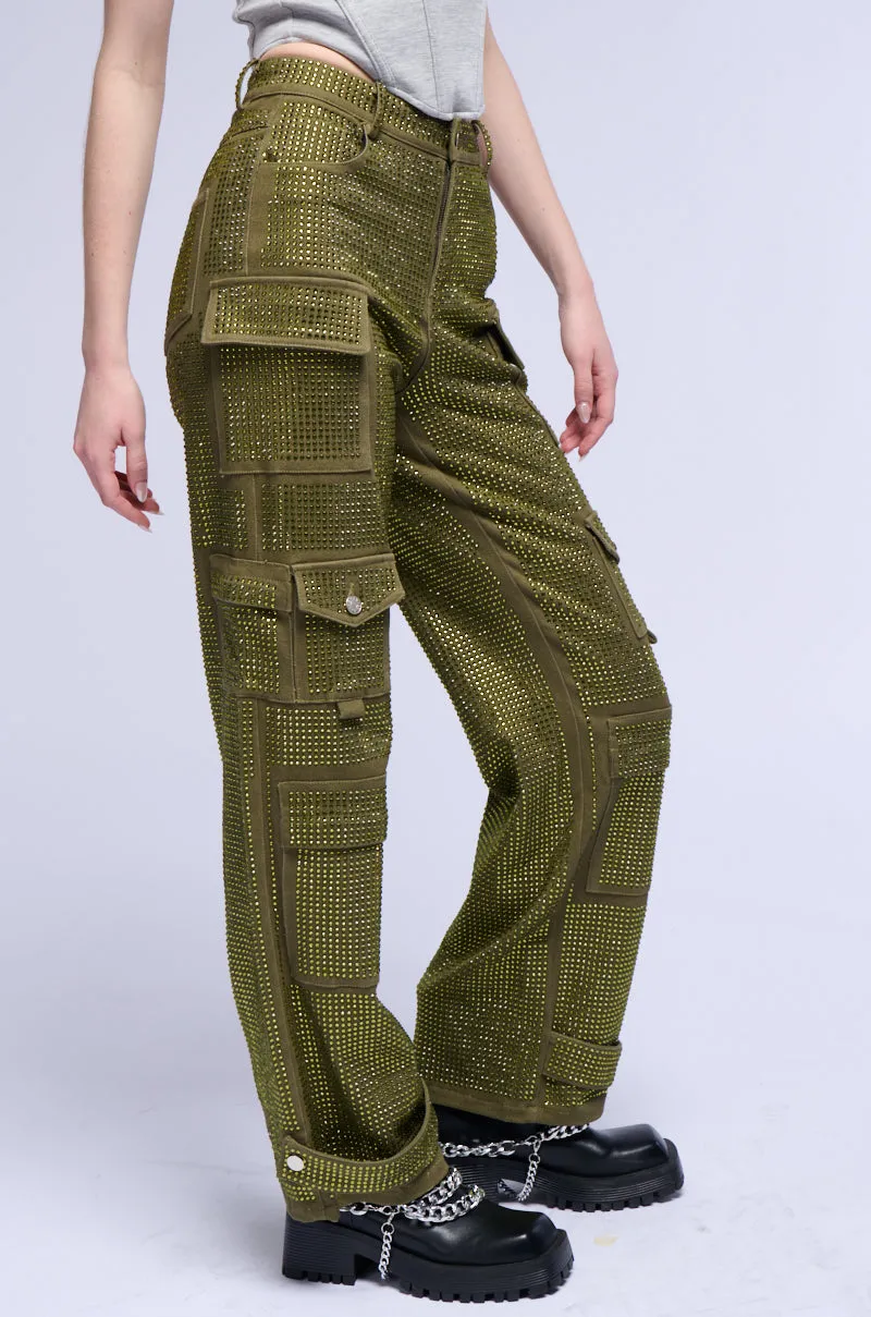 AMMO BONNE SOIREE RHINESTONE CARGO PANTS IN OLIVE