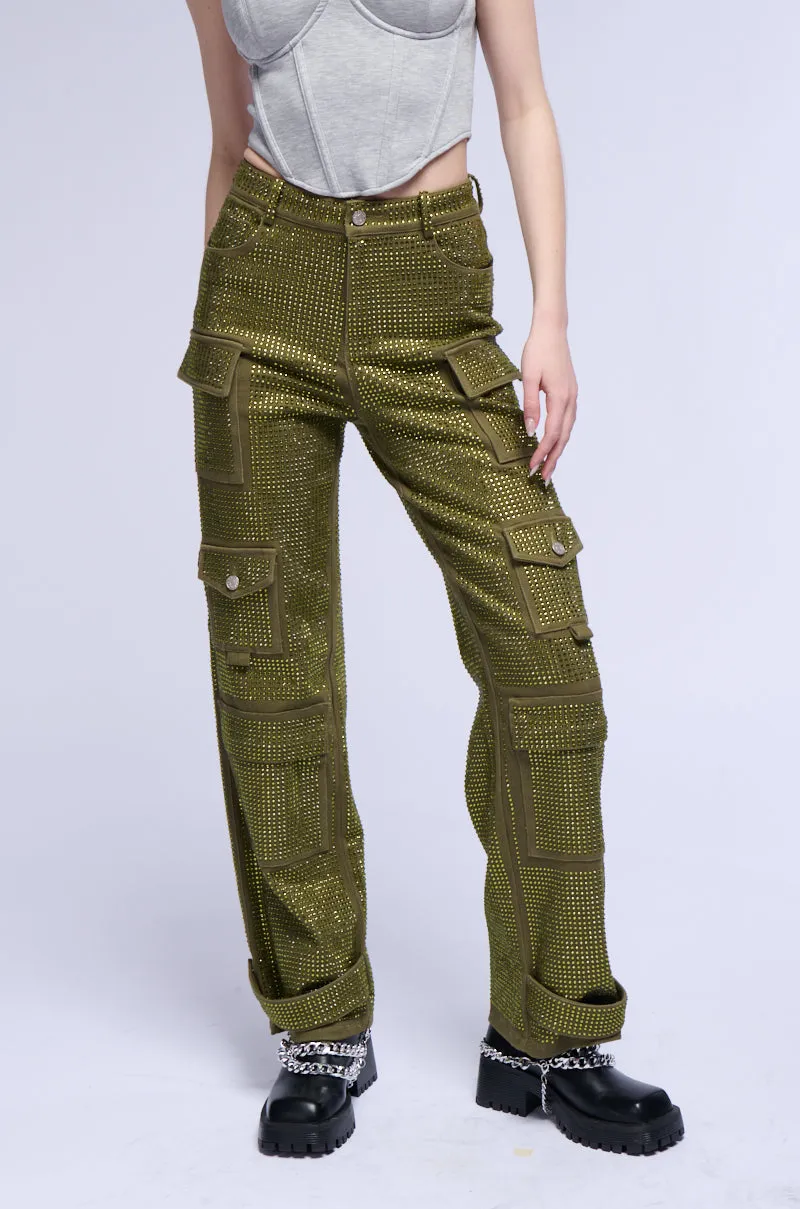 AMMO BONNE SOIREE RHINESTONE CARGO PANTS IN OLIVE