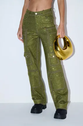 AMMO BONNE SOIREE RHINESTONE CARGO PANTS IN OLIVE