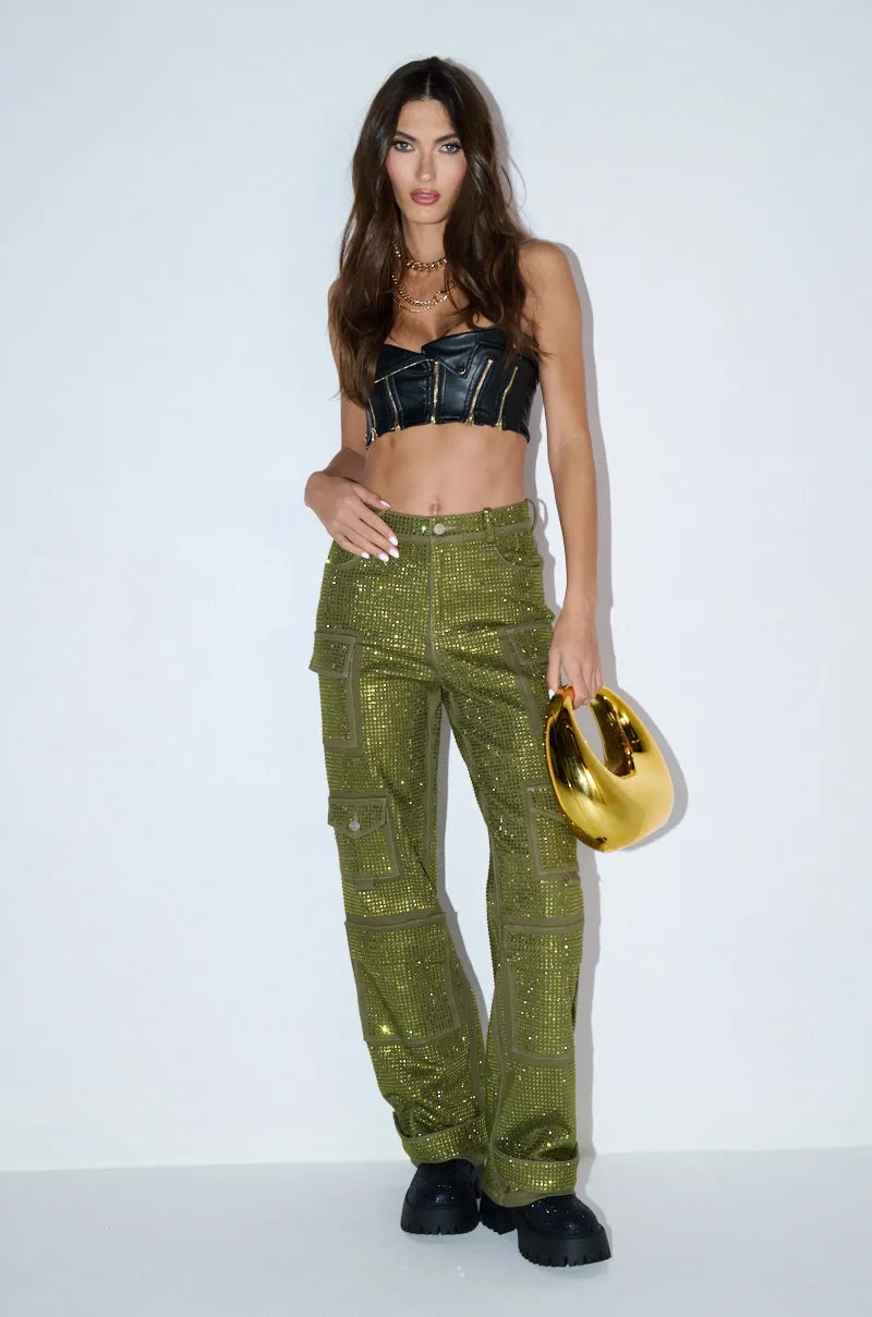 AMMO BONNE SOIREE RHINESTONE CARGO PANTS IN OLIVE