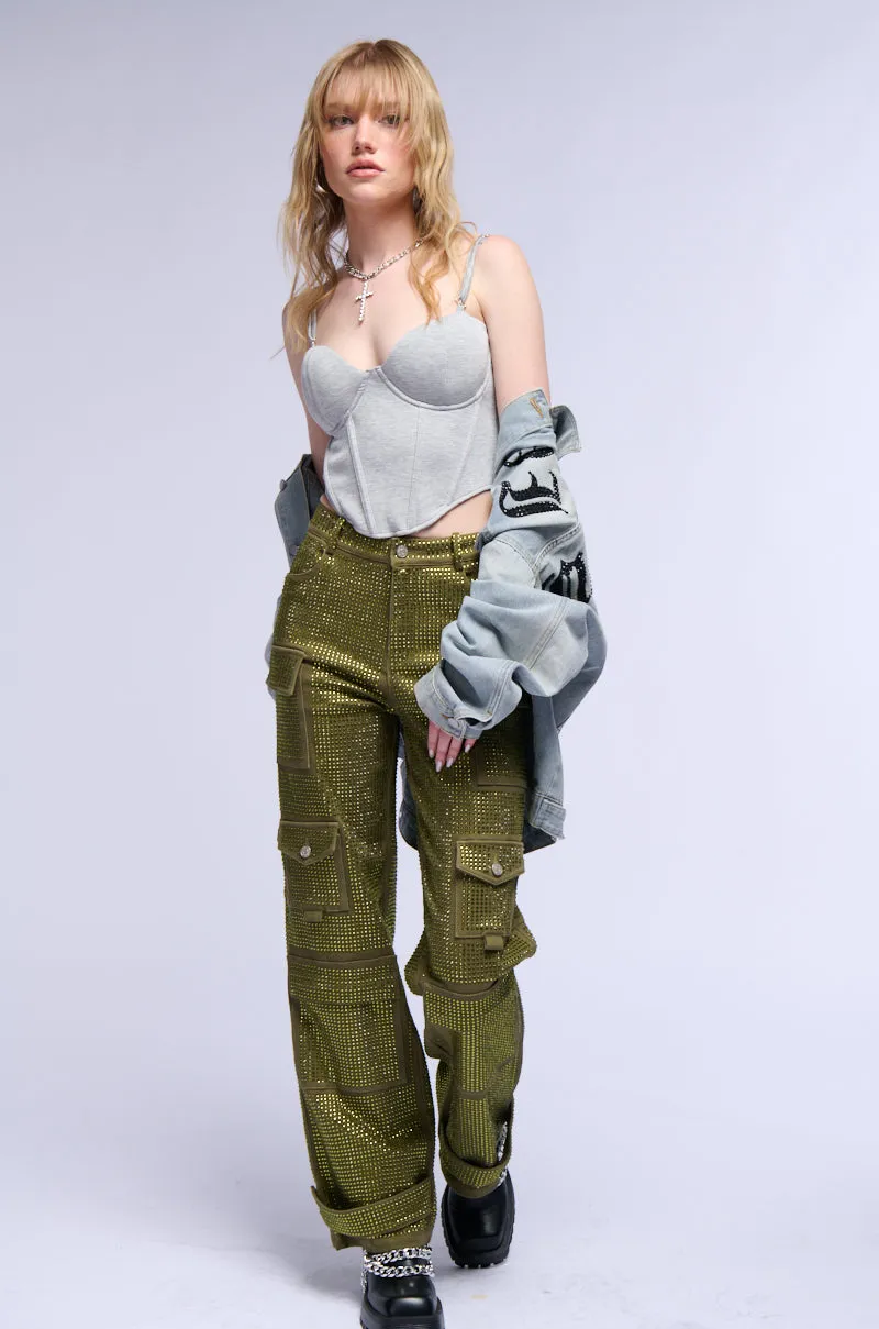 AMMO BONNE SOIREE RHINESTONE CARGO PANTS IN OLIVE