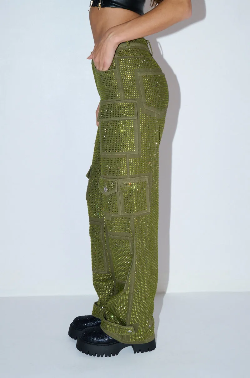 AMMO BONNE SOIREE RHINESTONE CARGO PANTS IN OLIVE