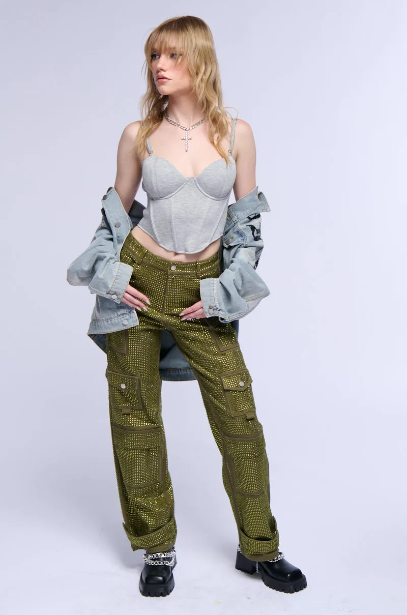 AMMO BONNE SOIREE RHINESTONE CARGO PANTS IN OLIVE