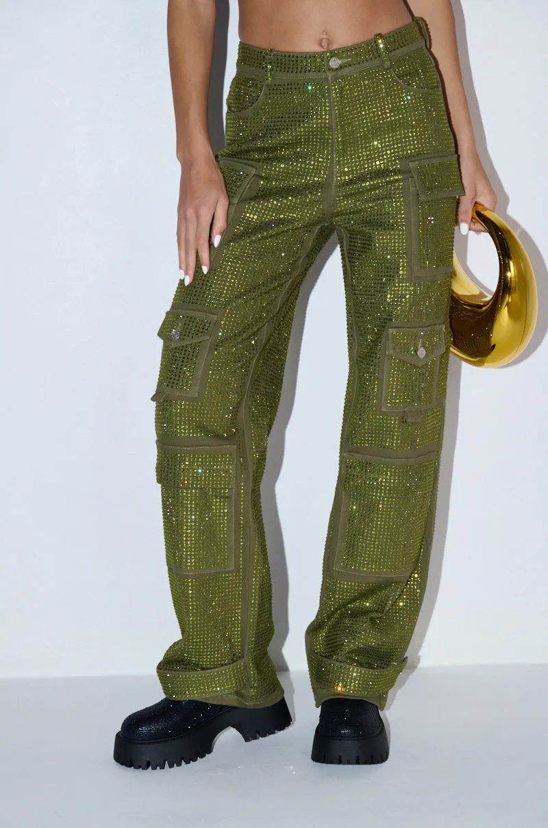 AMMO BONNE SOIREE RHINESTONE CARGO PANTS IN OLIVE