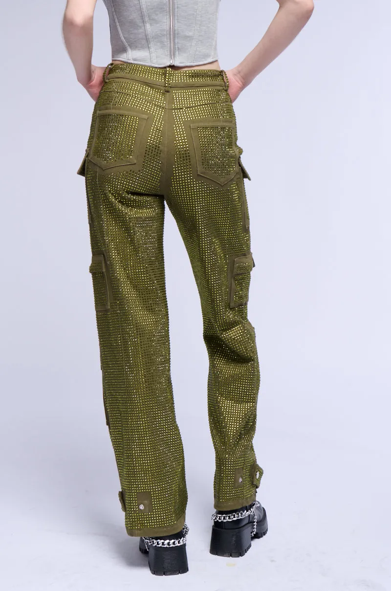 AMMO BONNE SOIREE RHINESTONE CARGO PANTS IN OLIVE