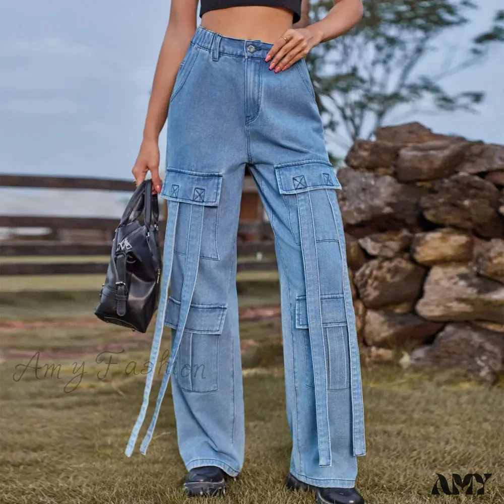 Amy Fashion - 90s Streetwear Blue Cargo Casual Big Pockets Overalls High Waist Straight Denim Jean