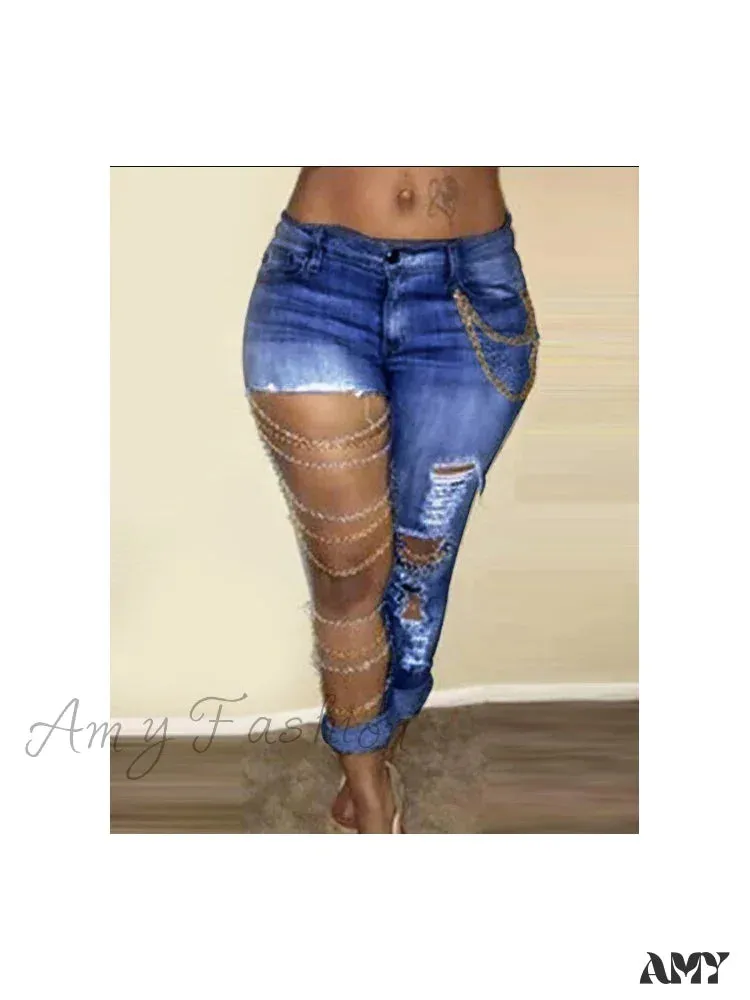 Amy Fashion - Fashion Streetwear High Waist Women With Chain Vintage Ripped Holes Skinny Pencil Bodycon Denim Jean