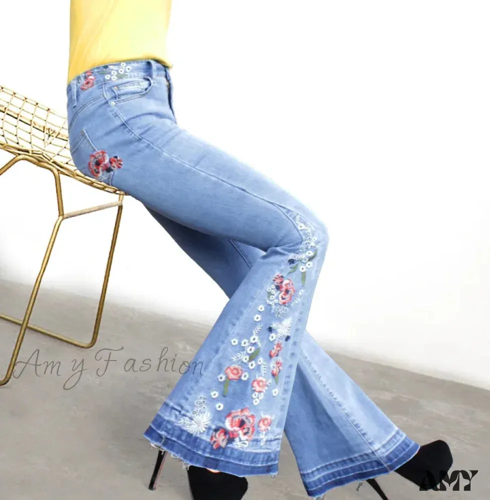 Amy Fashion - Size S-3XL Elastic Embroidery Flare Blue Vintage Bell Bottom Skinny Wide Leg Denim Jean