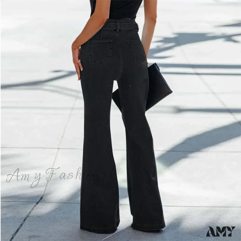 Amy Fashion - Wide Leg Flare Full Length Slim Skinny High Waist Vintage Fashionable Denim Jean