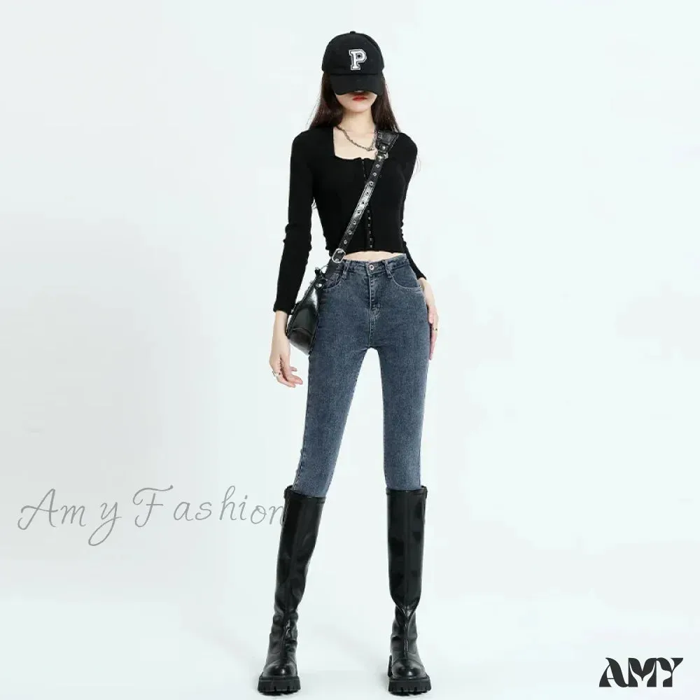 Amy Fashion - Winter Women Stretch Thicken Lamb Fluff High Waist Fleece Lined Warm Slim Denim Pencil Pants Jean