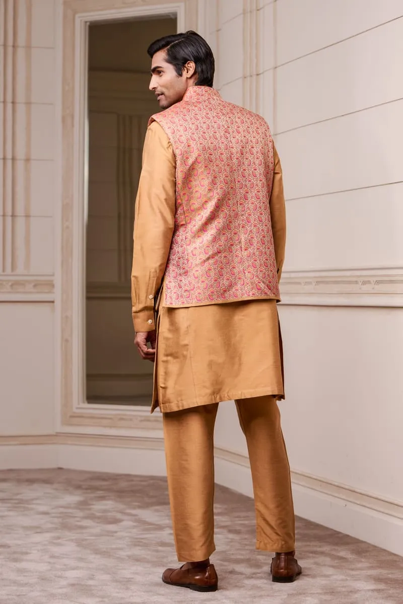 Beige Jacquard Kurta Bundi Set