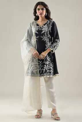 Black Embroidered Raw Silk Pants Set