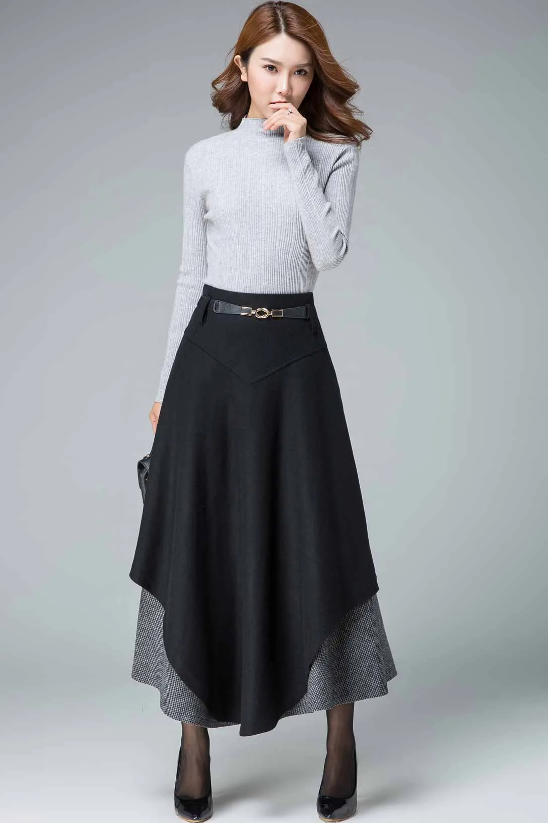 black maxi skirt, wool skirt, tiered skirt, winter skirt, houndstooth skirt 1837#