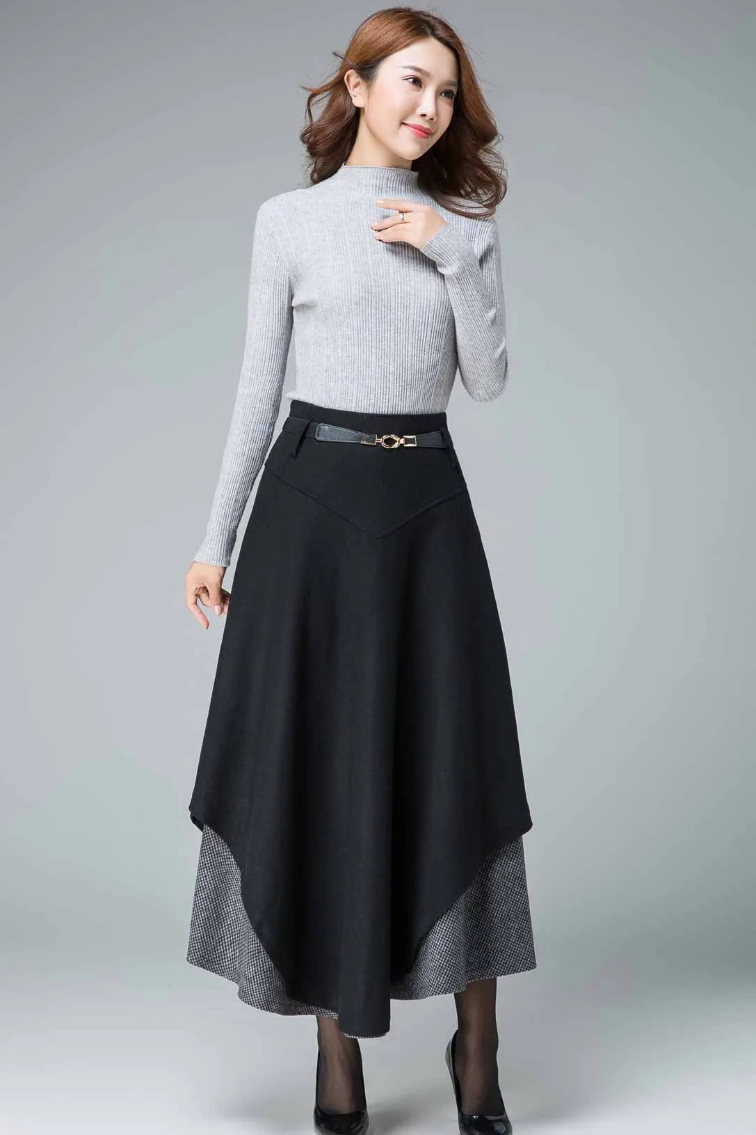 black maxi skirt, wool skirt, tiered skirt, winter skirt, houndstooth skirt 1837#