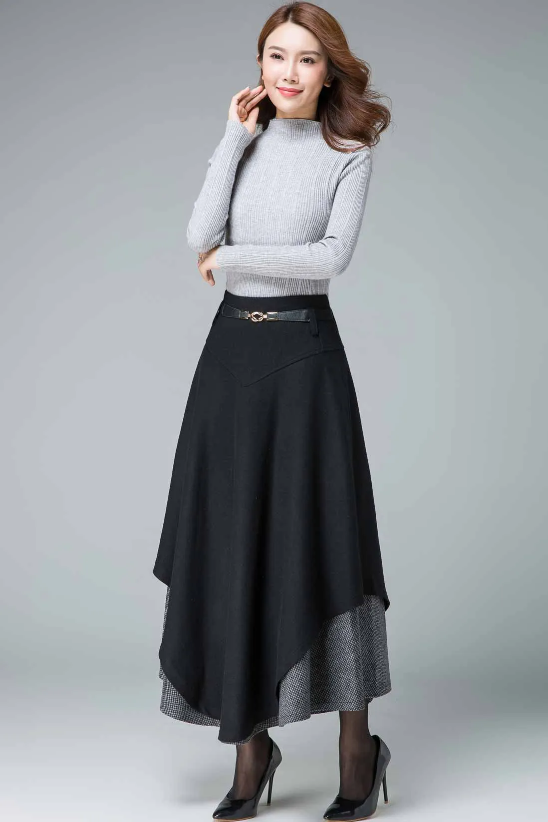 black maxi skirt, wool skirt, tiered skirt, winter skirt, houndstooth skirt 1837#