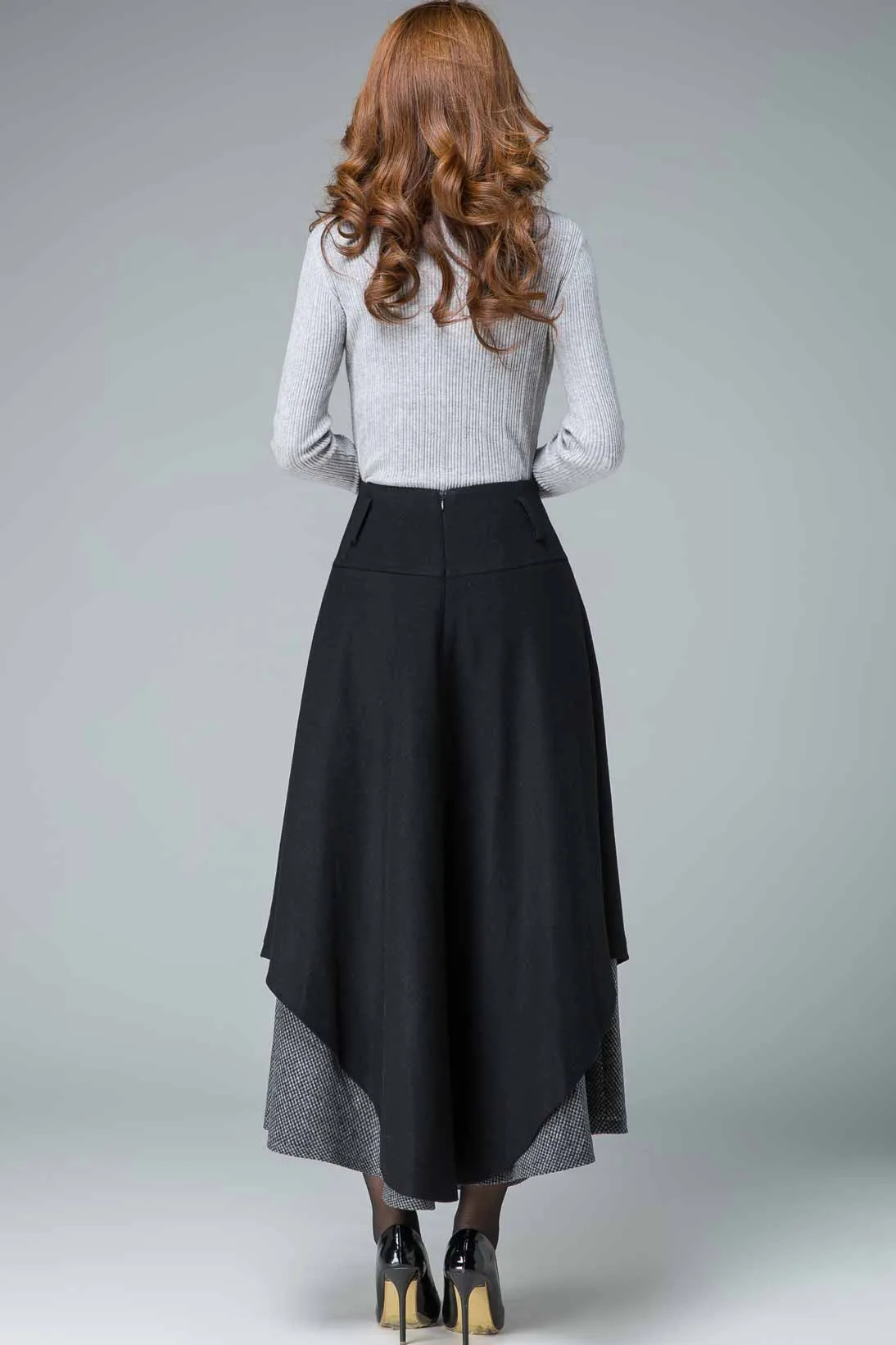 black maxi skirt, wool skirt, tiered skirt, winter skirt, houndstooth skirt 1837#