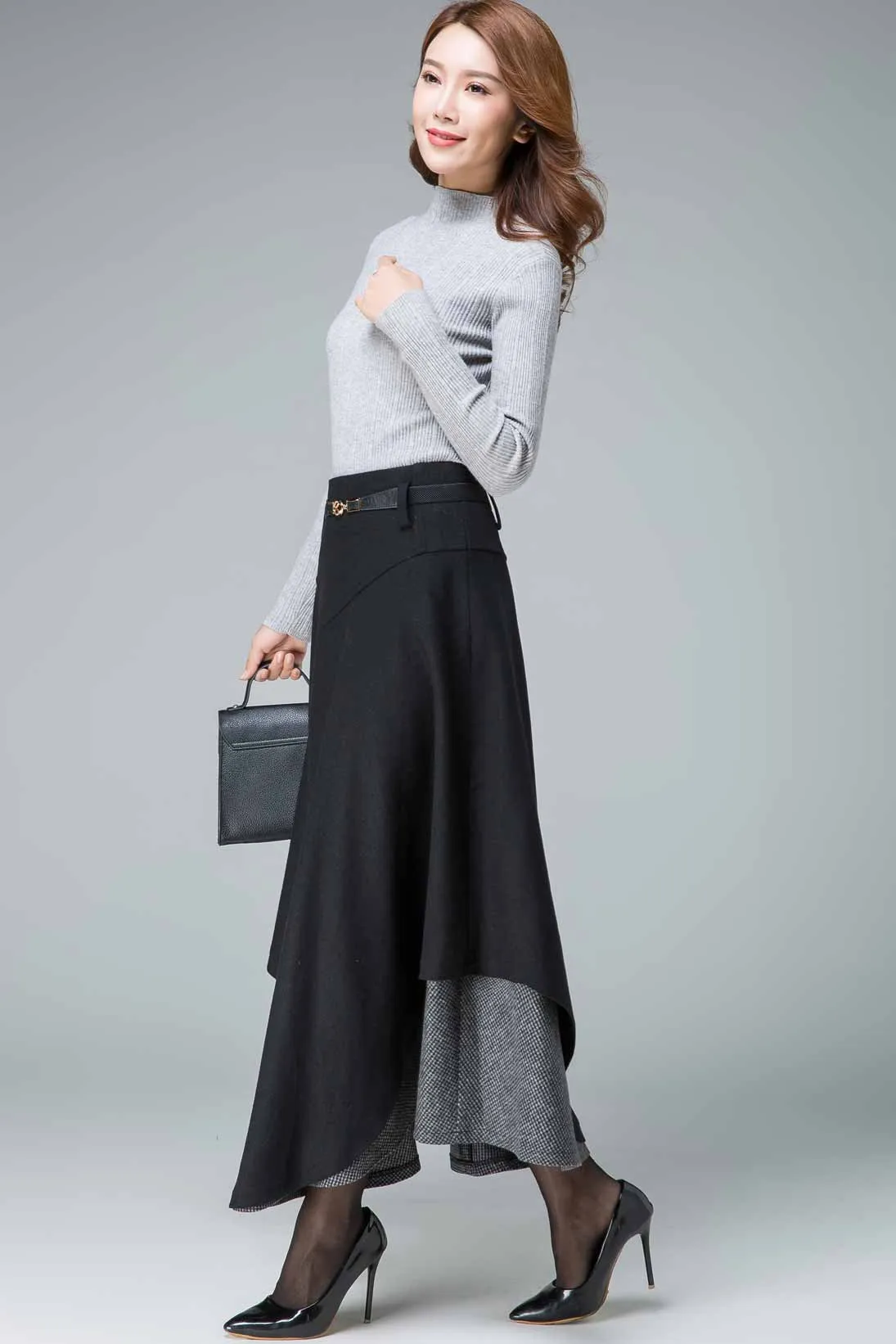 black maxi skirt, wool skirt, tiered skirt, winter skirt, houndstooth skirt 1837#