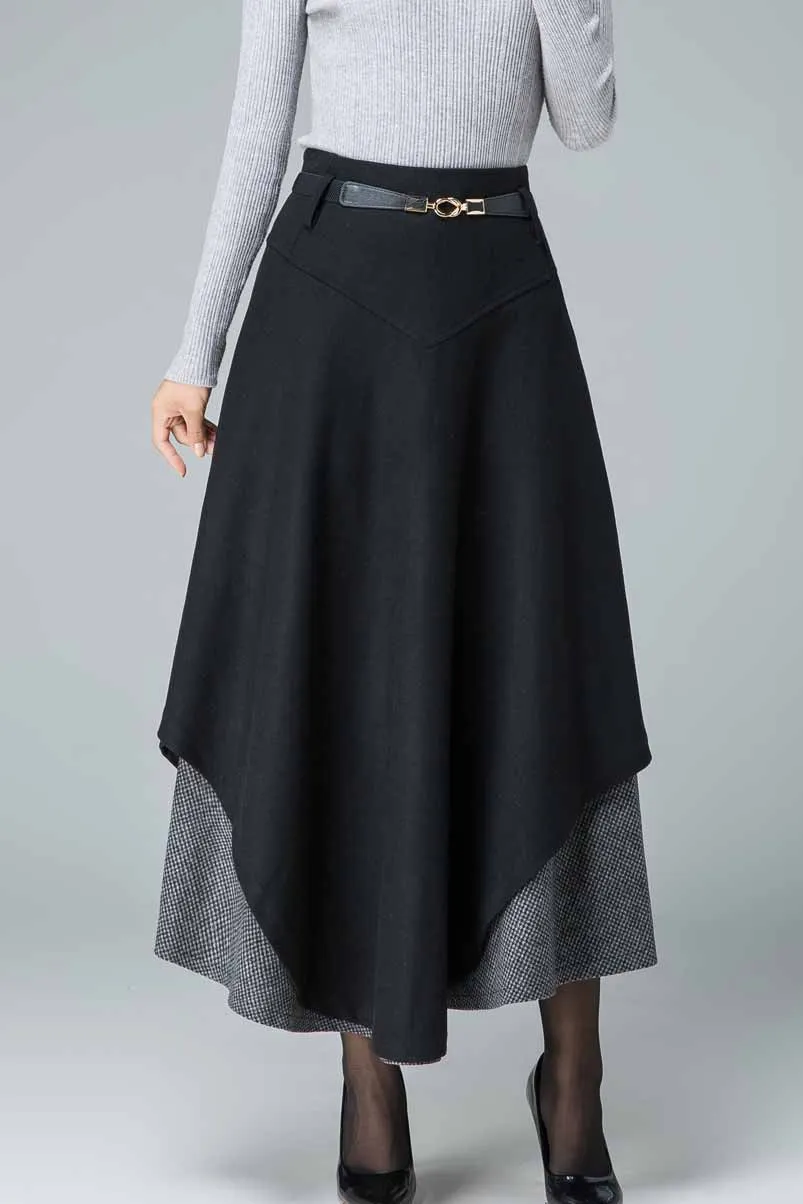 black maxi skirt, wool skirt, tiered skirt, winter skirt, houndstooth skirt 1837#