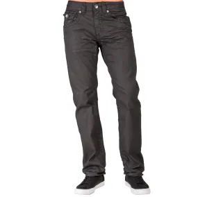 Black Premium Coated Denim Relaxed Straight Jeans Throwback Style Zipper Trim Pockets