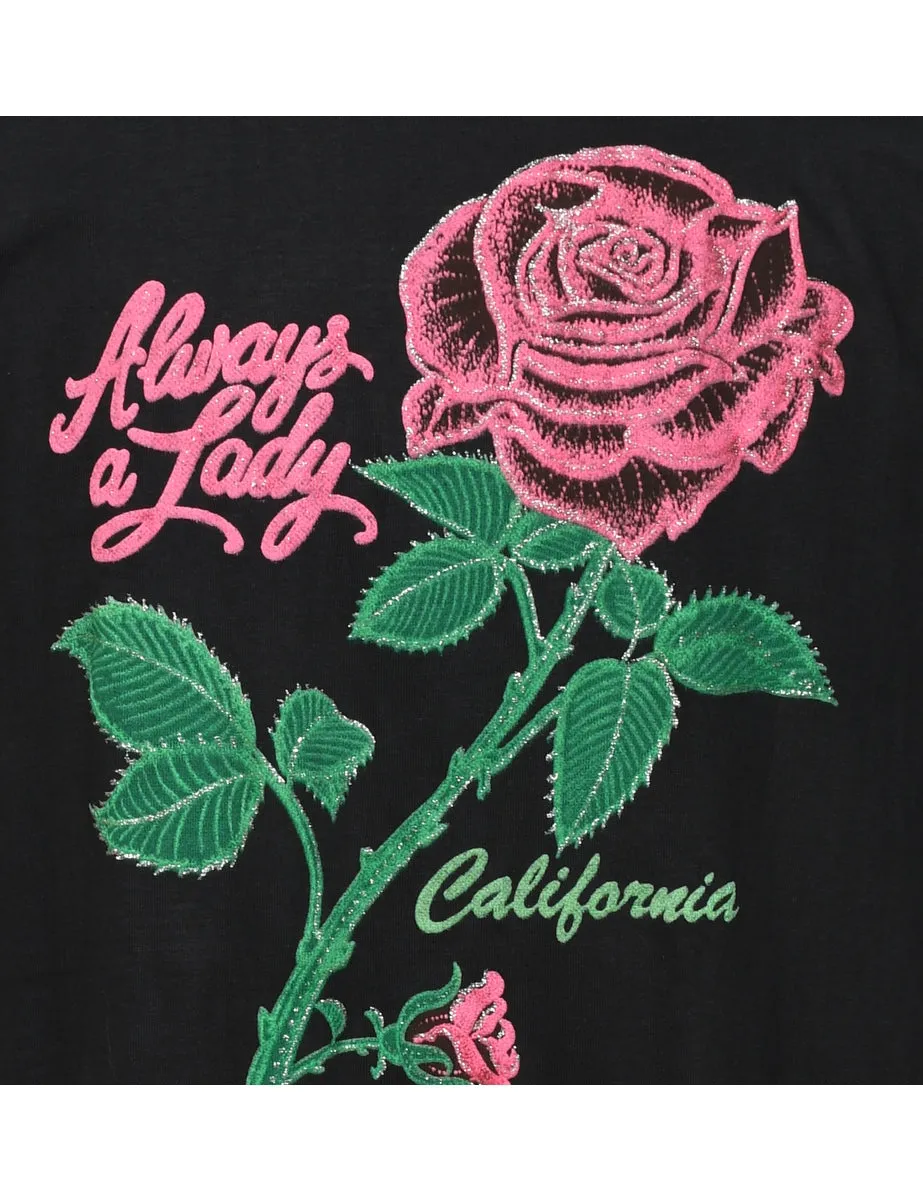 Black Printed Rose Design T-shirt - XL