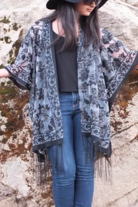 Black Roses Floral Burnout Duster Kimono Top