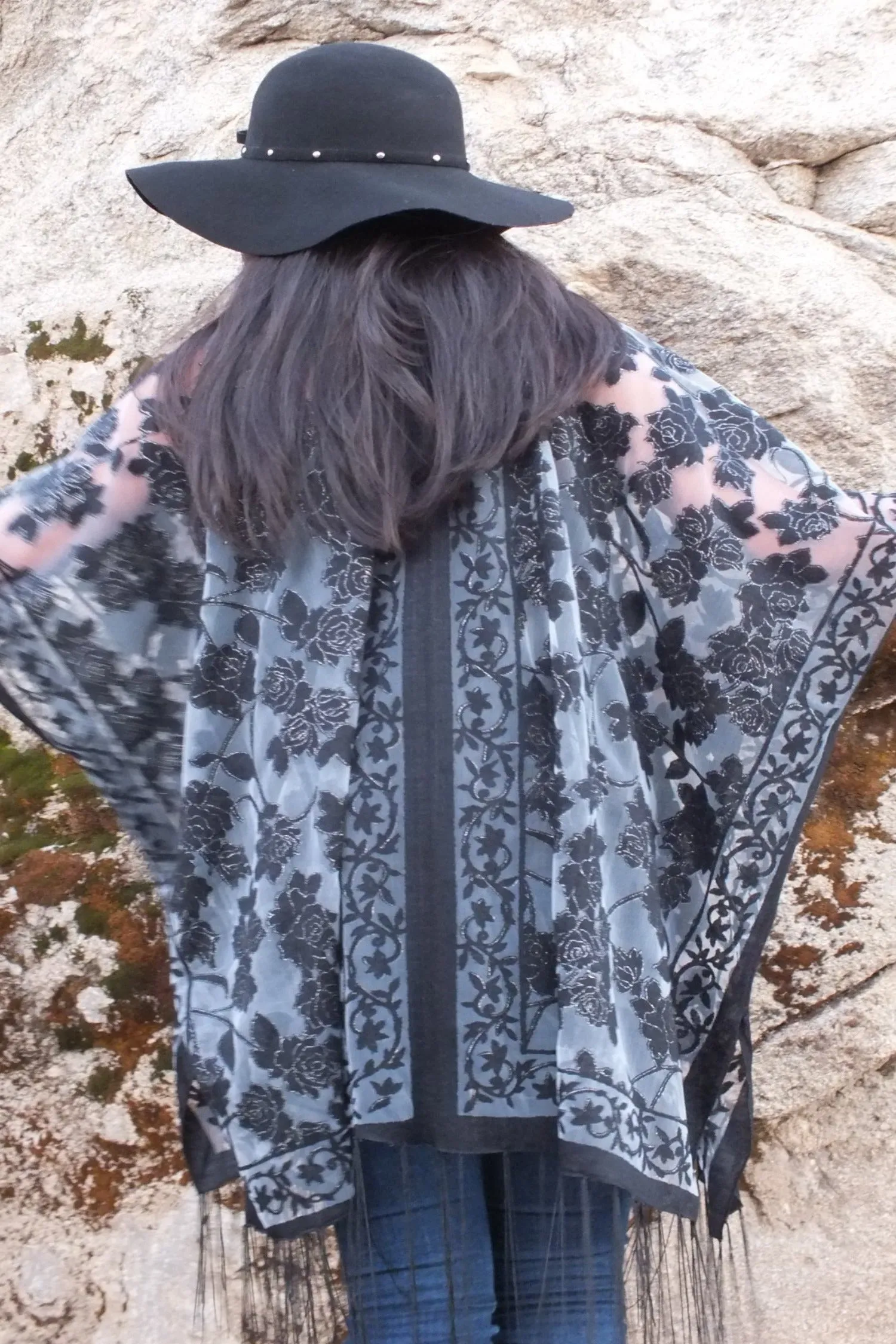 Black Roses Floral Burnout Duster Kimono Top