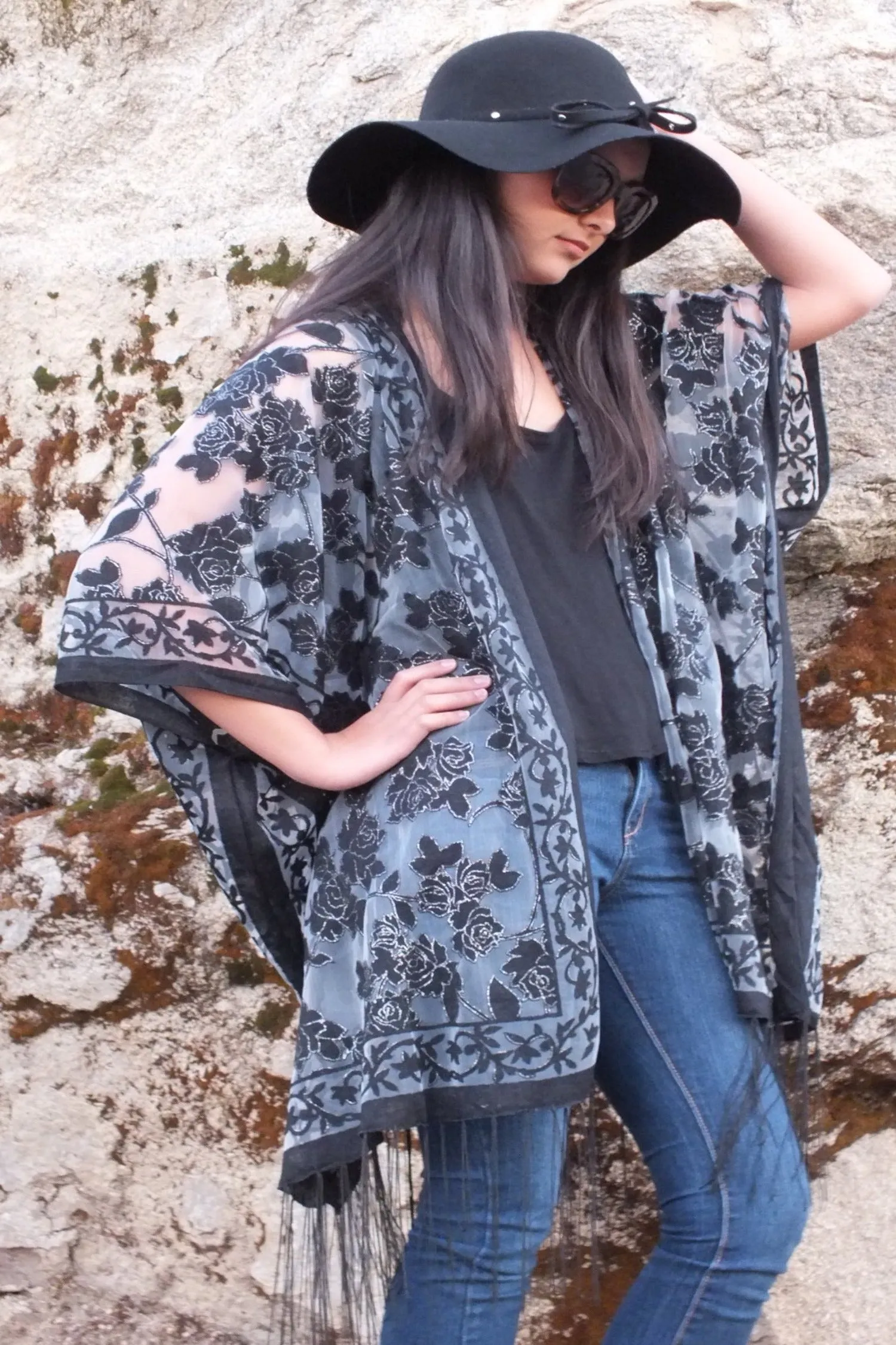 Black Roses Floral Burnout Duster Kimono Top