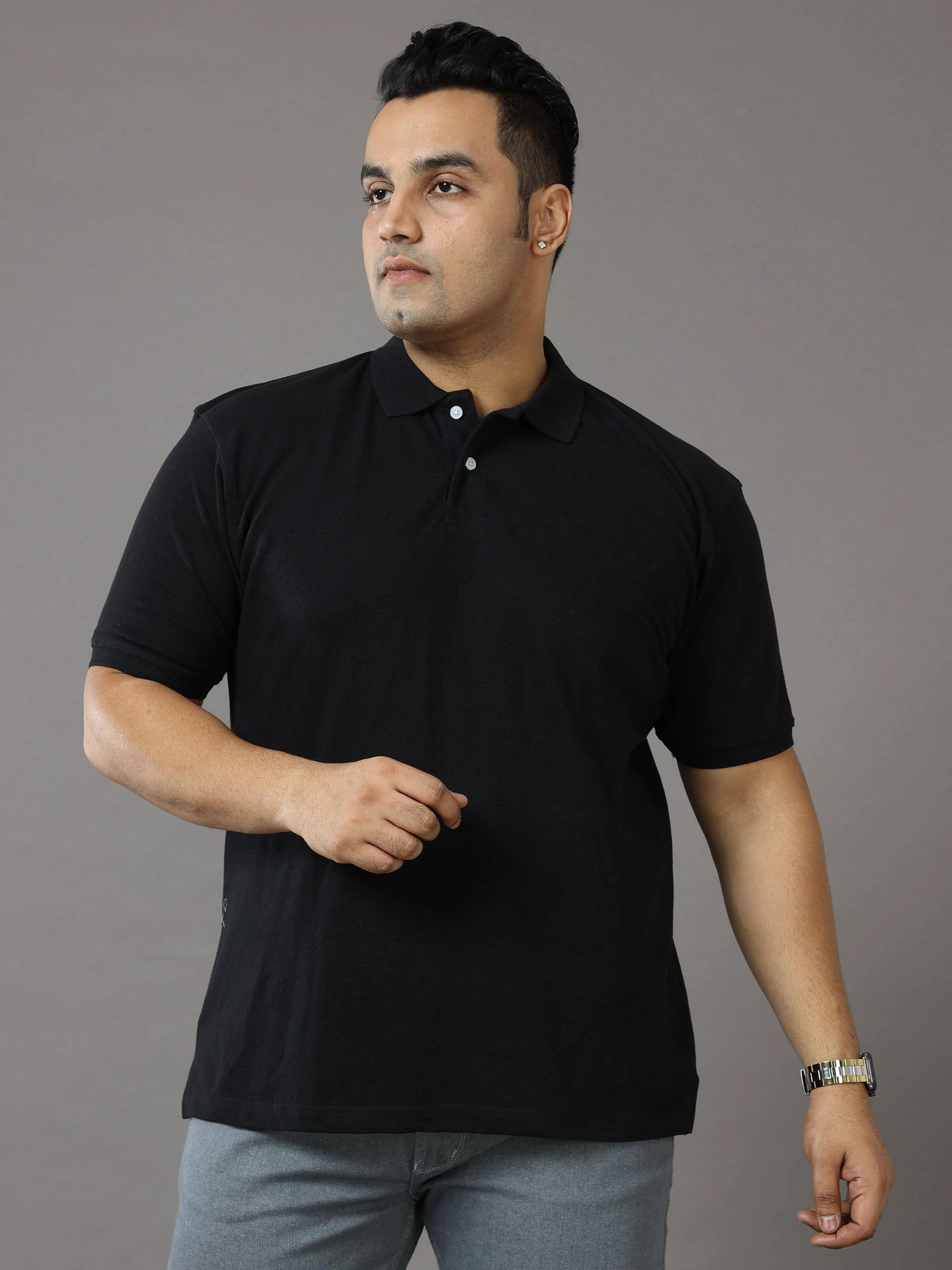 Black Solid Polo Collar Pure Cotton T-SHIRT Men's Plus Size