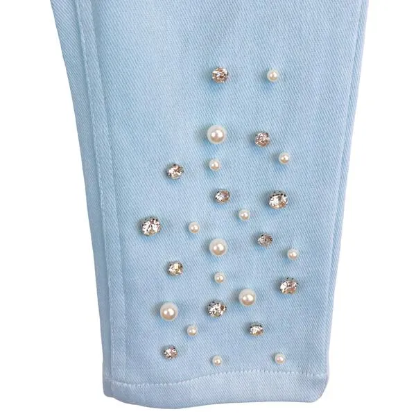 Blue Embellished Stretch Twill Pants