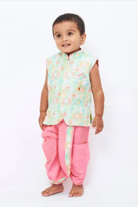 Boys Festive Kurta with Dhoti Pants - Enchanting Pink and Mint Ensemble for Celebrations