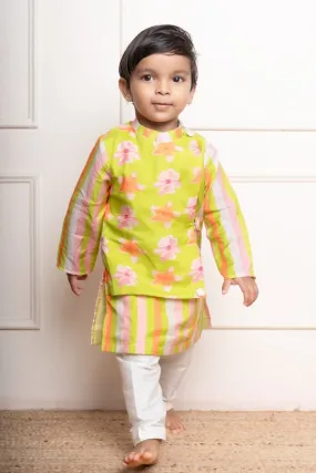 Bright lime green floral printed kurta with off-white pants, a fun and vibrant choice for your little one’s festive wardrobe