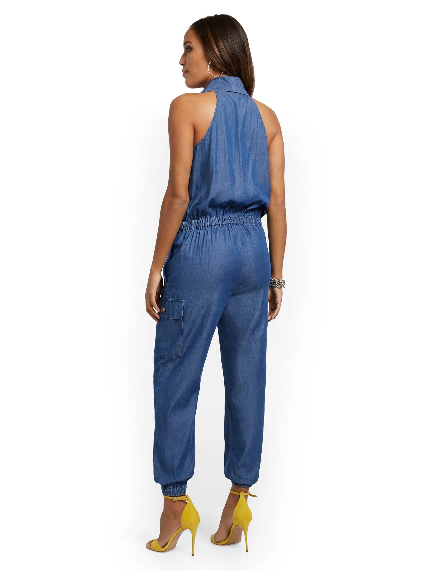 Chambray Shawl-Collar Tie-Front Jumpsuit