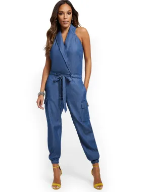 Chambray Shawl-Collar Tie-Front Jumpsuit