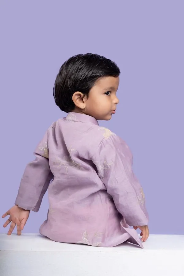 Charming lavender kurta with delicate floral embroidery paired with Peach pants, perfect for festive occasions