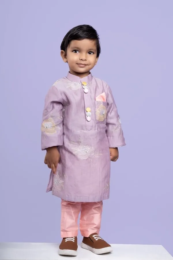 Charming lavender kurta with delicate floral embroidery paired with Peach pants, perfect for festive occasions