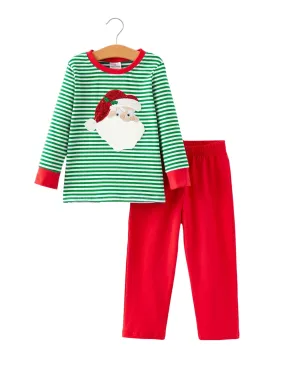 Christmas Santa Applique Striped Boys Outfit Set