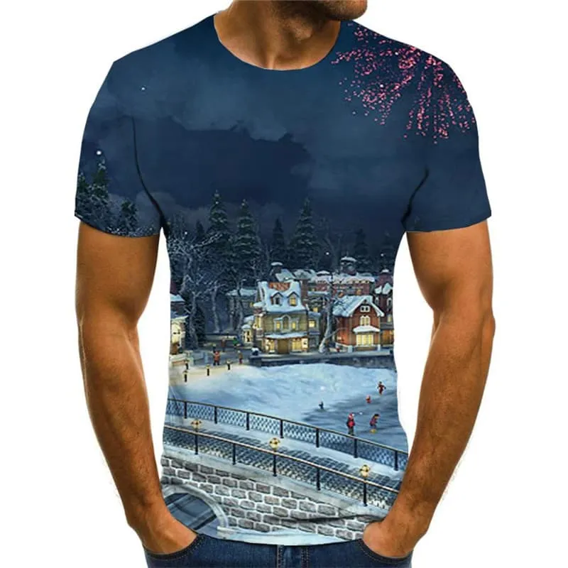 Christmas T-shirt Men New Year Tshirts Novelty Snow Shirt Print Fireworks T-shirts 3d