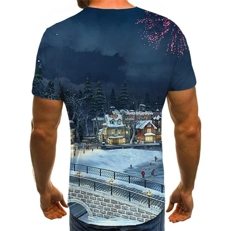 Christmas T-shirt Men New Year Tshirts Novelty Snow Shirt Print Fireworks T-shirts 3d