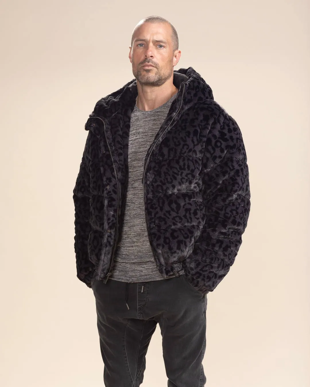 Classic Men's Black Puffer Jacket With Hood | Slate Leopard