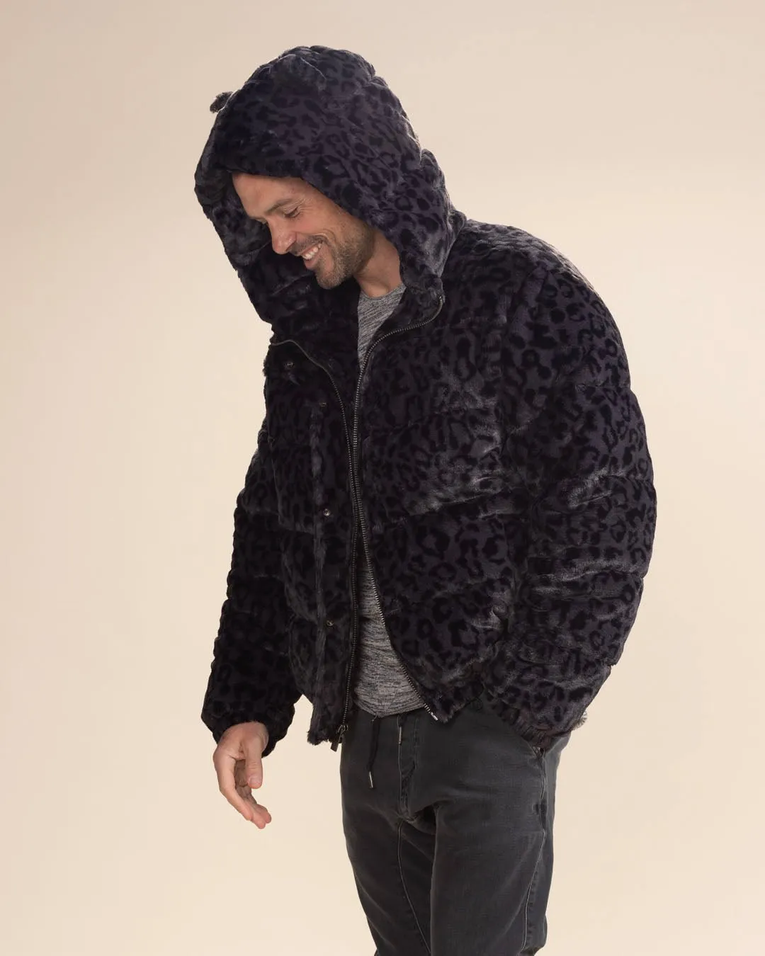 Classic Men's Black Puffer Jacket With Hood | Slate Leopard