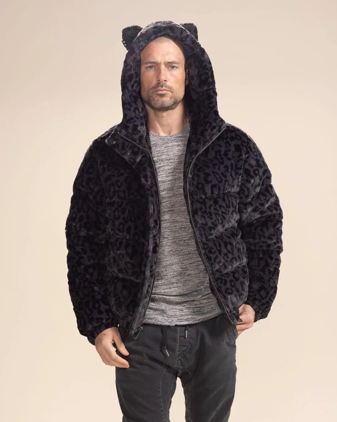 Classic Men's Black Puffer Jacket With Hood | Slate Leopard