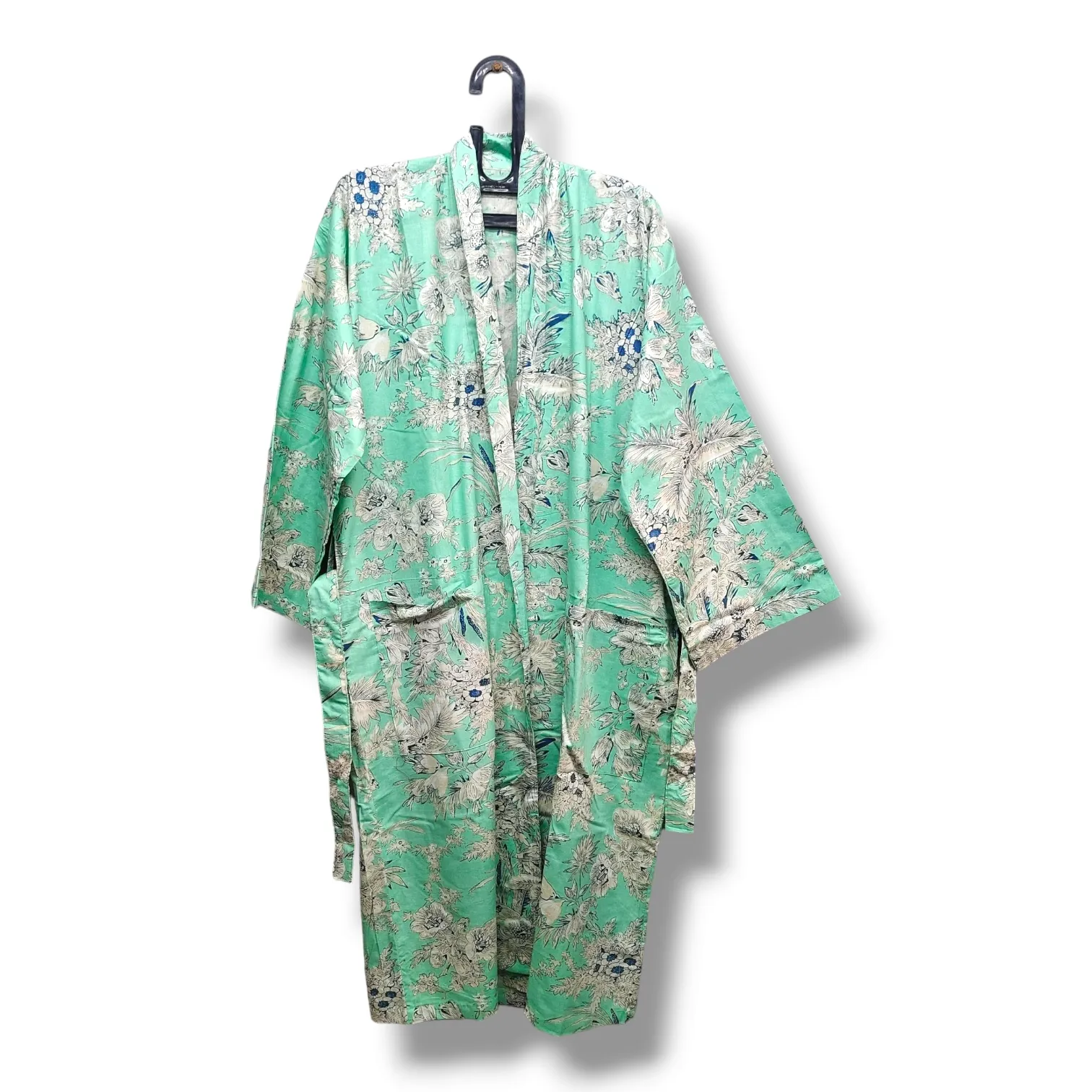 Cotton Hand Printed Kimono Robe Mint Green Sparks