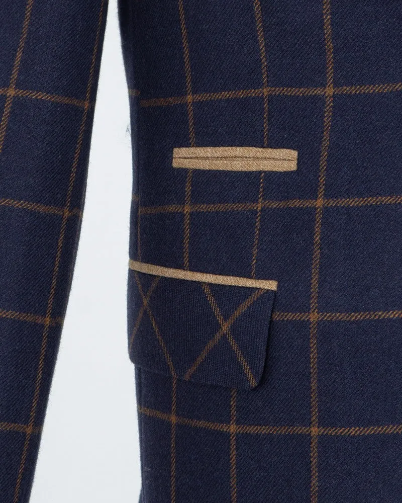 Dark Blue Prince Of Wales Check Blazer & Waistcoat