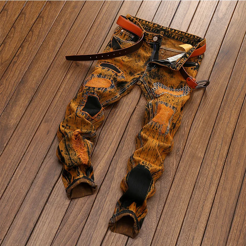 Destroyed Print Hole Abstract Soil Color Mens Ripped Jeans