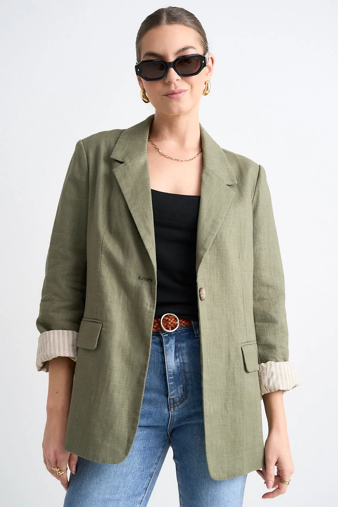 Dock Soft Khaki Ramie Rolled Sleeve Blazer